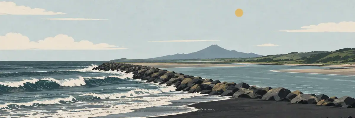 Screen-print illustration of the Waitara river mouth, breakwater and black-sand beach