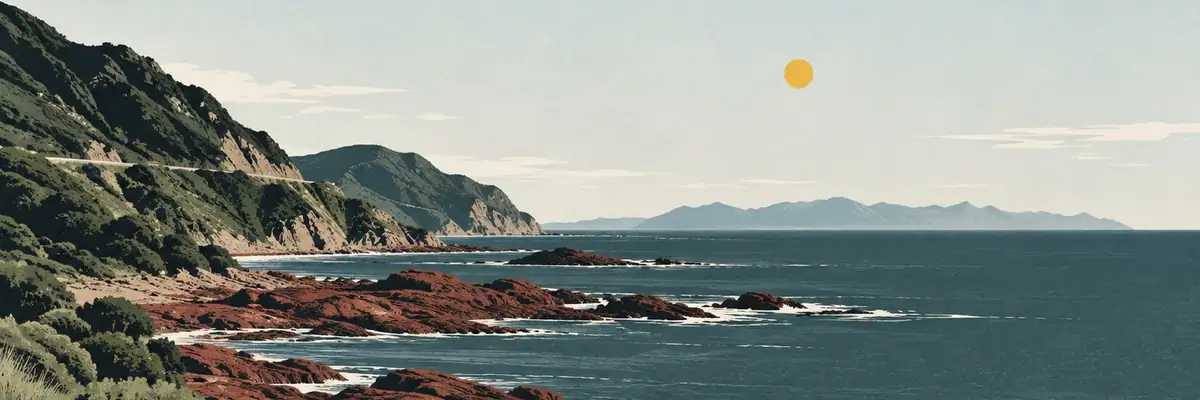 Screen-print illustration of Wellington’s rugged south coast at Red Rocks