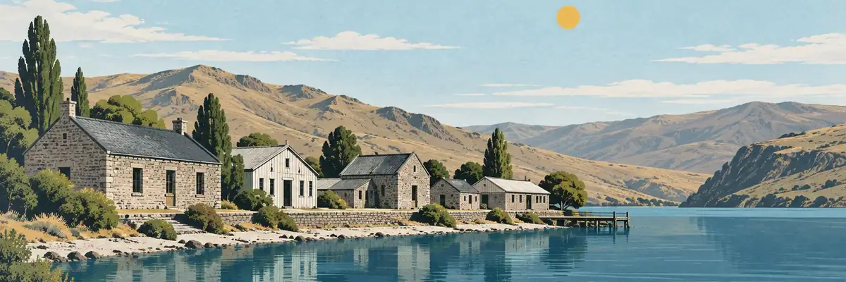 Screen-print illustration of Cromwell Heritage Precinct beside Lake Dunstan