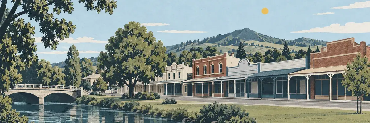 Screen-print illustration of Bridge Street’s historic buildings, Eltham