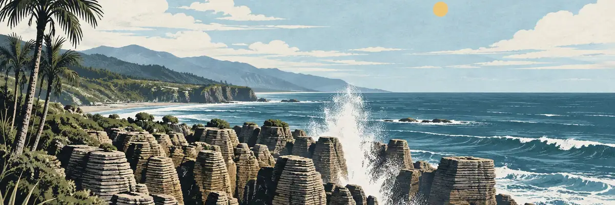 Screen-print illustration of Punakaiki Pancake Rocks and blowholes, Buller District