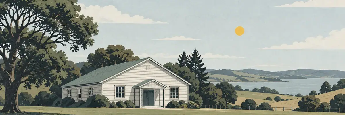 Screen-print illustration of the village’s timber War Memorial Hall, Patumāhoe