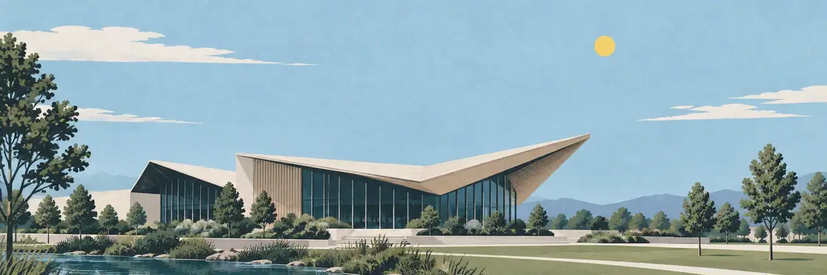 Screen-print illustration of Te Ara Ātea’s sculptural roofline and green town-centre setting, Rolleston