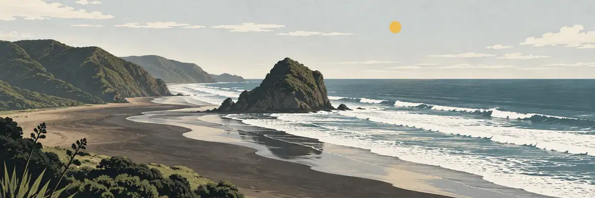 Screen-print illustration of Piha’s black-sand surf beach below the Waitākere Ranges