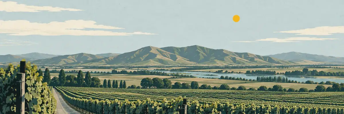 Screen-print illustration of the vineyard rows around Renwick in the Wairau Valley