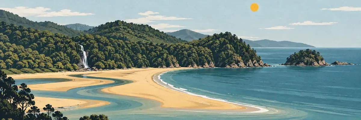 Screen-print illustration of Abel Tasman coast at Bark Bay