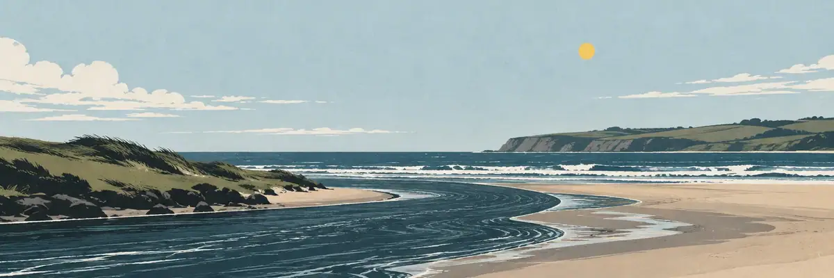 Screen-print illustration of the Pātea River opening to the Tasman Sea