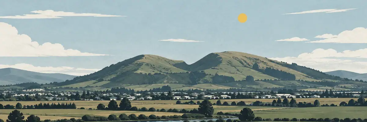 Screen-print illustration of Saddle Hill over the Taieri Plain, Mosgiel