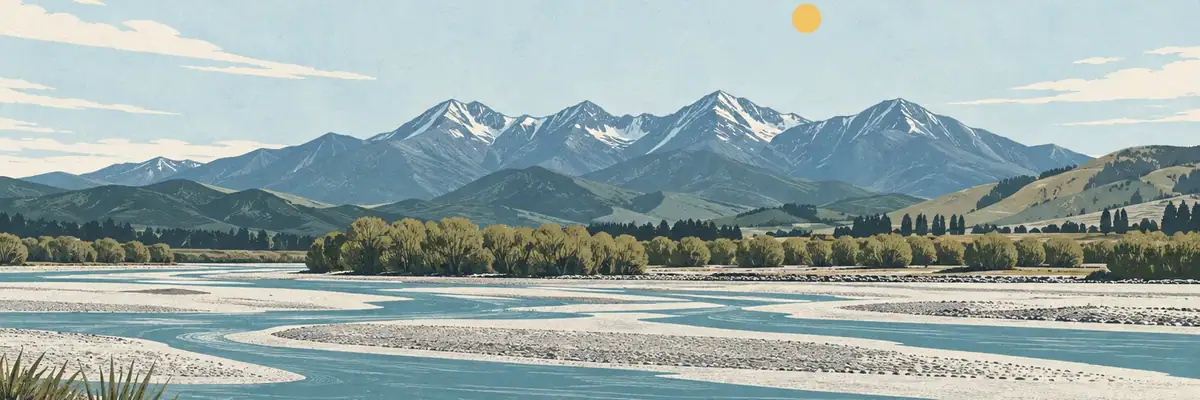Screen-print illustration of the braided Ōpihi River beside Temuka with the Four Peaks range behind