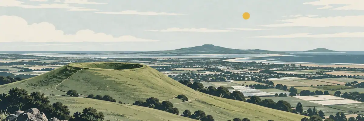 Screen-print illustration of the shield-volcano slopes and summit lookout of Pukekohe Hill