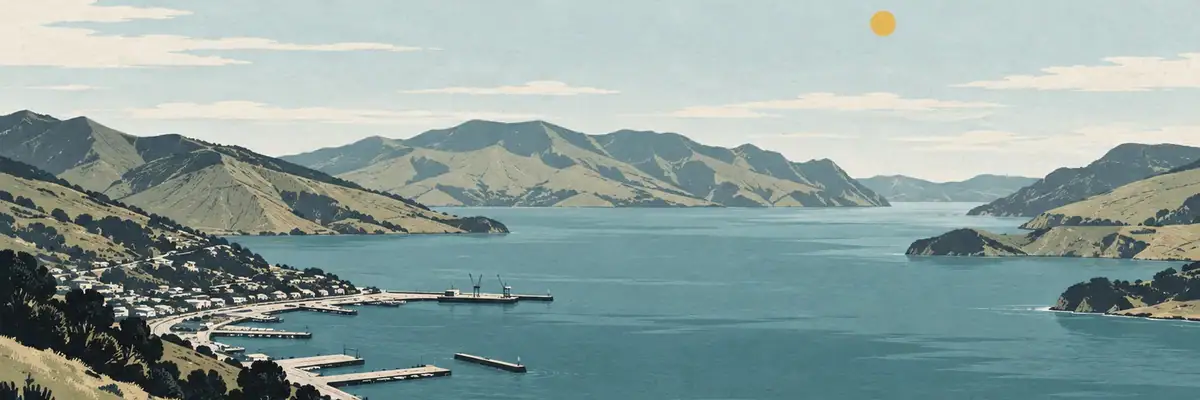 Screen-print illustration of the harbour basin beneath the volcanic Port Hills, Lyttelton