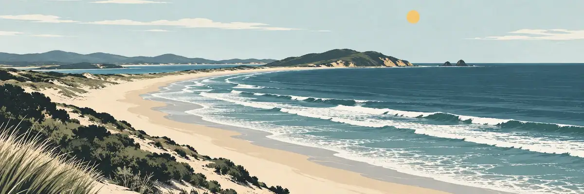 Screen-print illustration of the sweeping surf beach and dunes at Mangawhai Heads