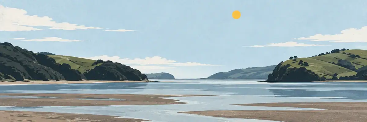 Screen-print illustration of the tidal inlets and green headlands of Kāwhia Harbour, Ōtorohanga District