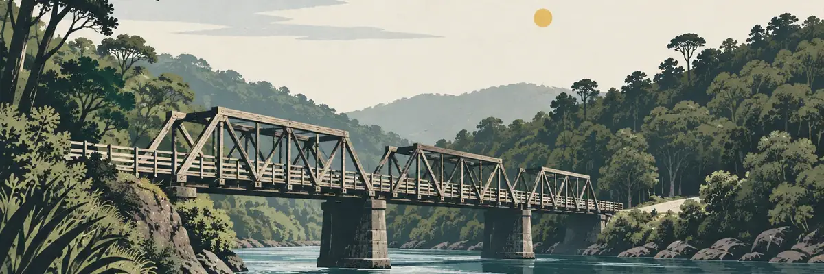 Screen-print illustration of Tauranga Bridge on the Motu Trails, Ōpōtiki