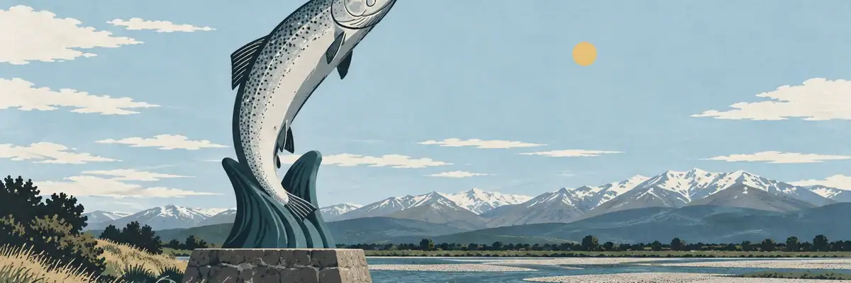 Screen-print illustration of the giant salmon statue, Rākaia