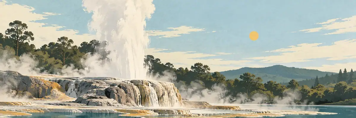 Screen-print illustration of Pōhutu Geyser’s geothermal plume, Rotorua