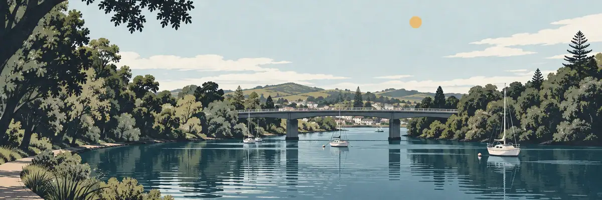 Screen-print illustration of the tree-lined Mahurangi River curving through Warkworth