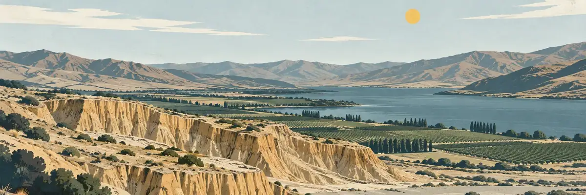 Screen-print illustration of Bannockburn Sluicings, Central Otago District