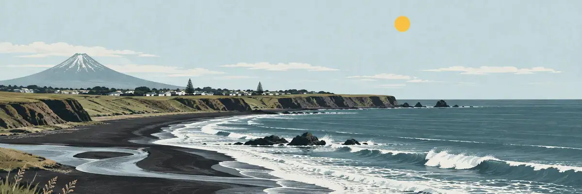 Screen-print illustration of the black-sand curve of Ōpunakē Beach