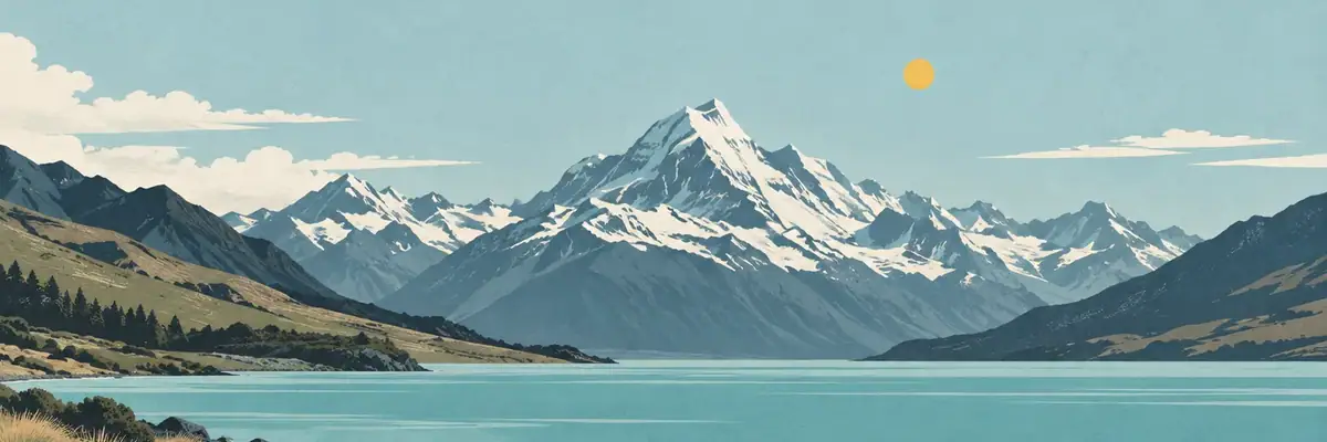 Screen-print illustration of Aoraki/Mount Cook above Lake Pukaki, Mackenzie District