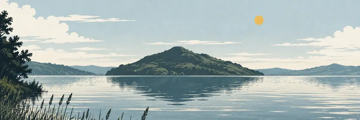 Screen-print illustration of Mokoia Island across Lake Rotorua, Ngongotahā