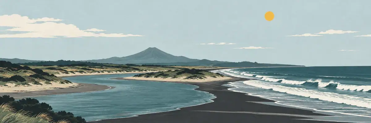 Screen-print illustration of the Kaupokonui river mouth and beach near Manaia