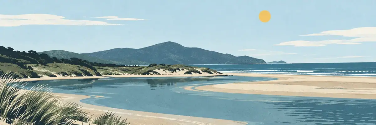 Screen-print illustration of Waikanae River estuary