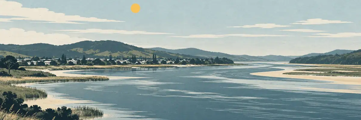 Screen-print illustration of the broad Northern Wairoa River beside Dargaville
