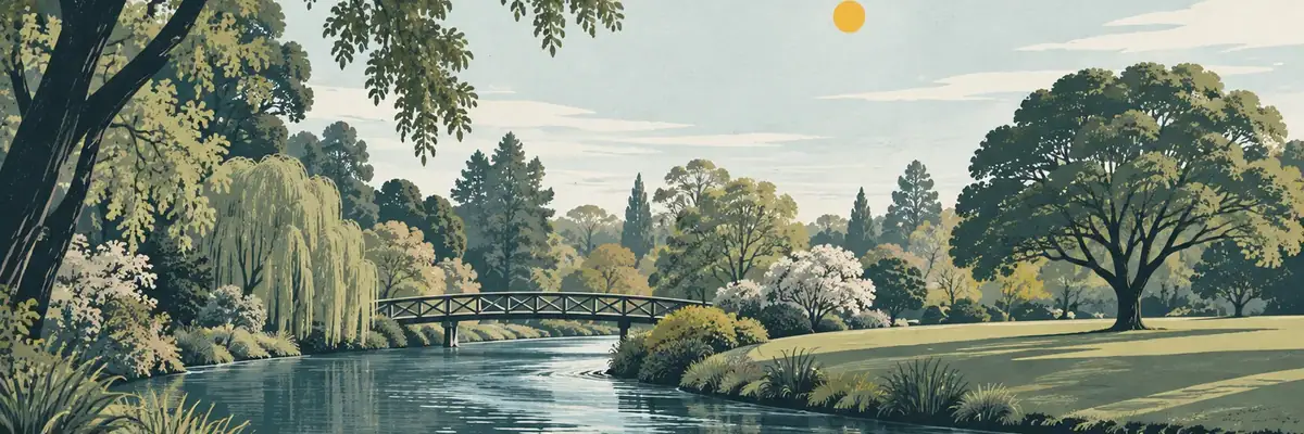 Screen-print illustration of the Avon River through the Botanic Gardens, Christchurch