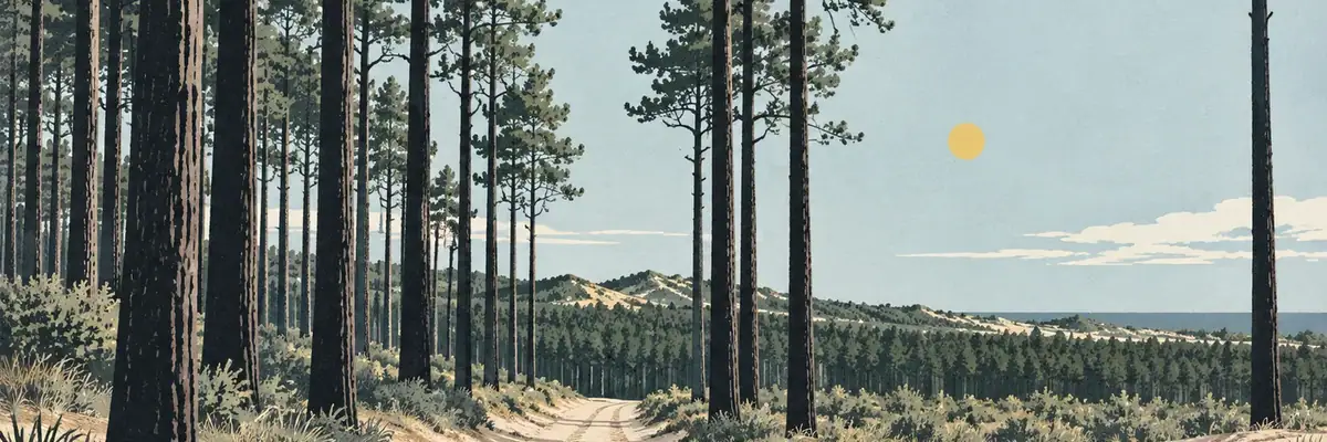 Screen-print illustration of the long straight pine trunks and sandy tracks of Woodhill Forest near Waimauku