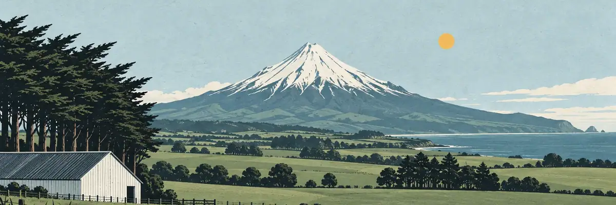 Screen-print illustration of dairy country around Normanby with Taranaki Maunga rising behind