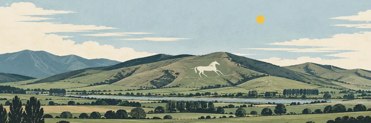 Screen-print illustration of the White Horse above Waimate and the Hunters Hills
