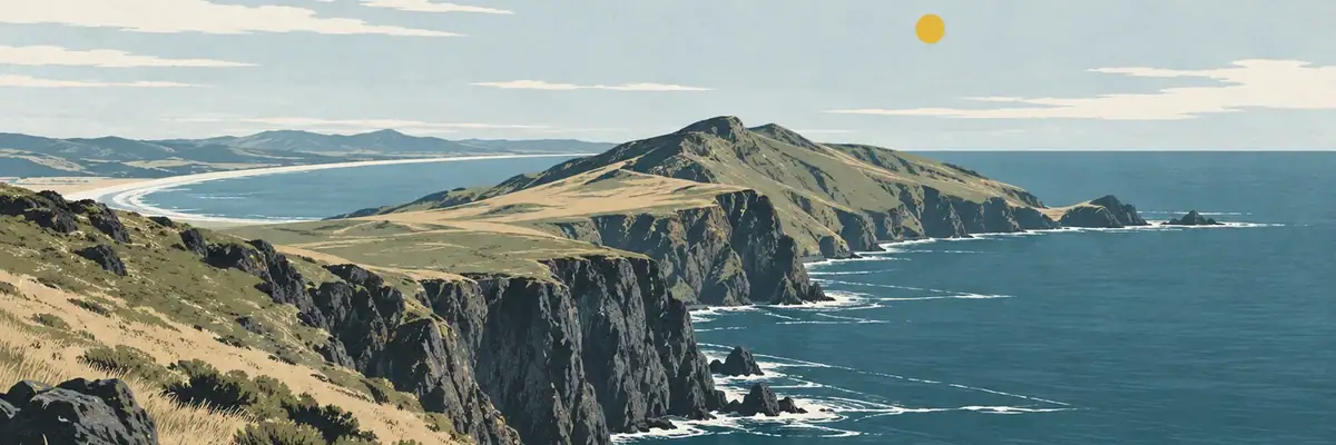 Screen-print illustration of Awaroa/Godley Head’s steep coastal cliffs above Pegasus Bay, Christchurch City